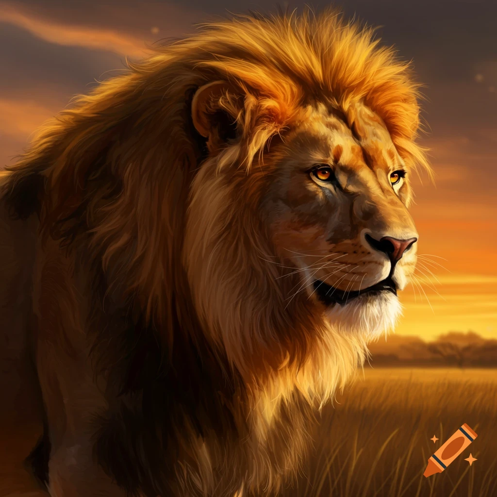 A male lion with a flowing mane is silhouetted against a golden sunset sky over grasslands.