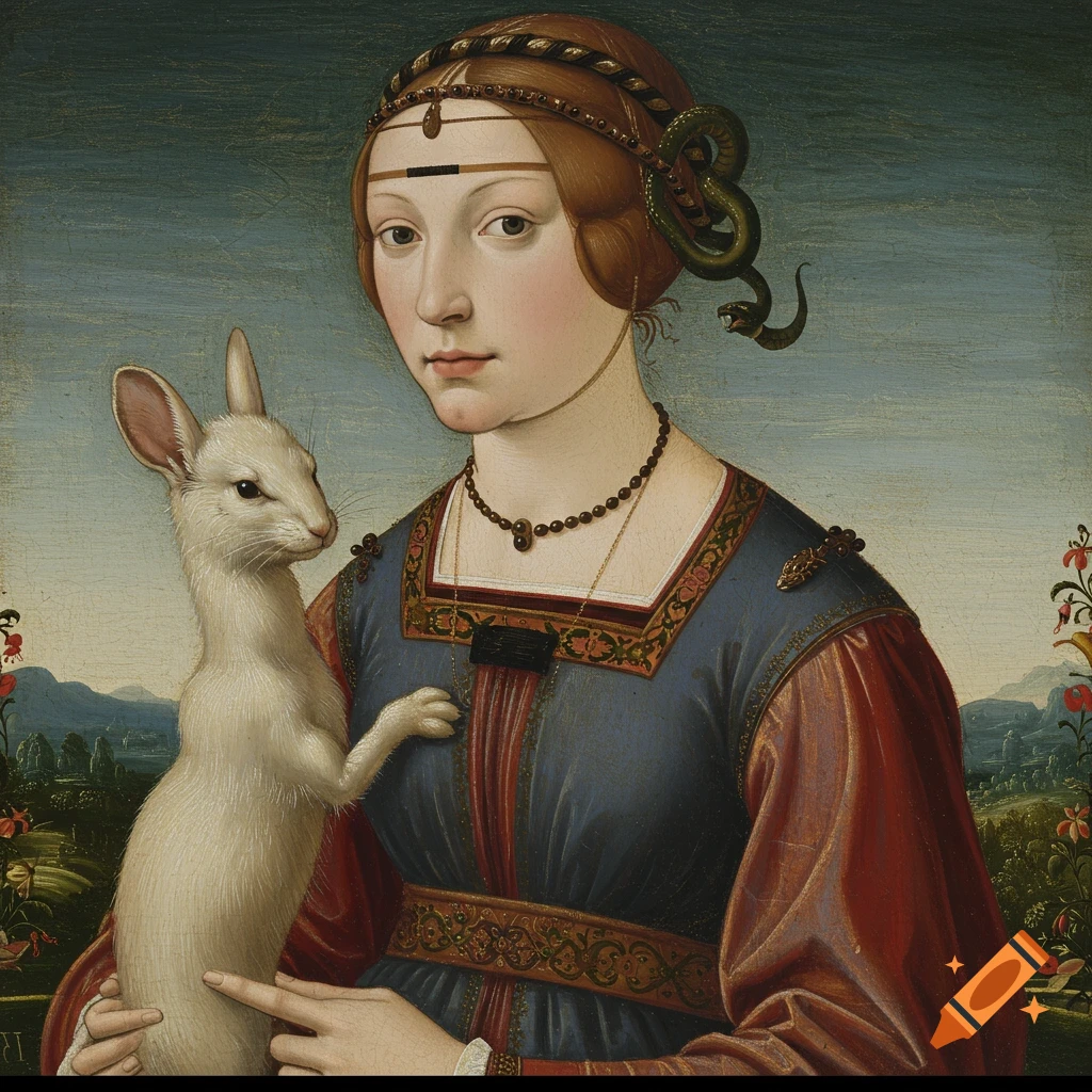 Painting of a woman holding a white rabbit with a serpent wrapped around her head, in a landscape, in a Renaissance art style.
