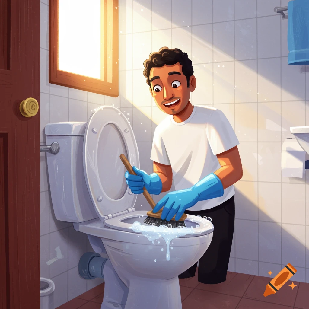 A man in gloves cleaning a toilet in a bathroom.