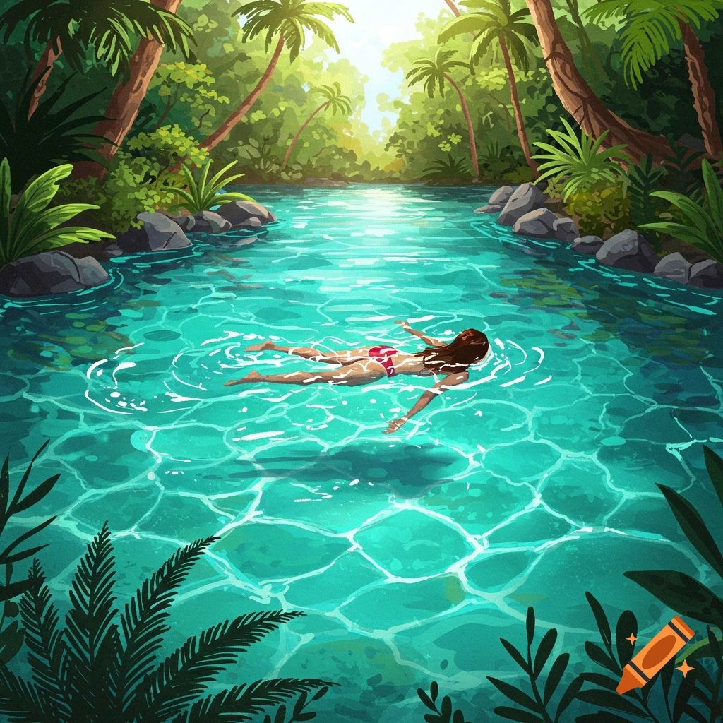 A woman is swimming in a clear tropical river. The river is surrounded by lush jungle.