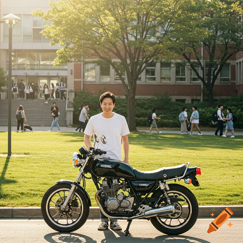 Man standing next to a black motorcycle on a college campus