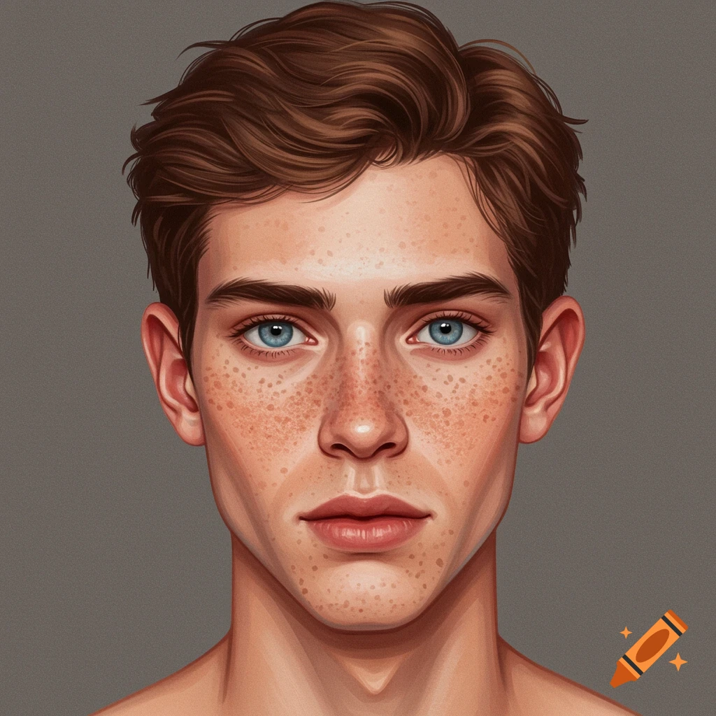 Portrait of a young man with brown hair, blue eyes, and freckles.