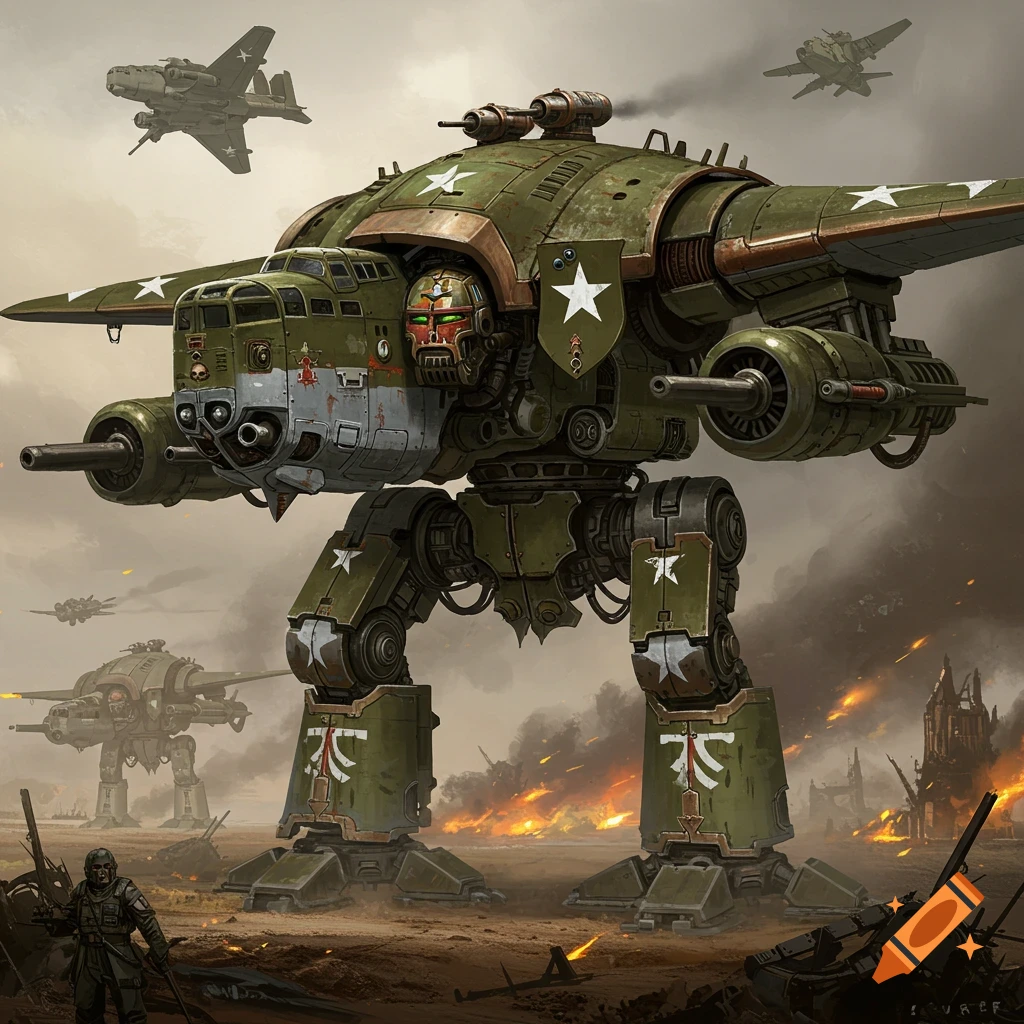 A Warhammer 40k Warlord Titan painted like a WWII bomber in a battlefield.