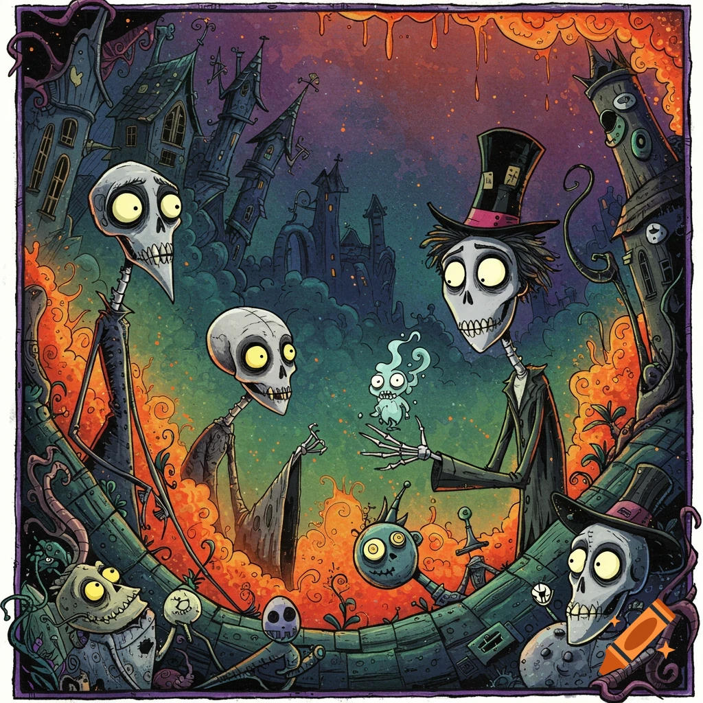 Tim Burton style skeletons and spooky buildings