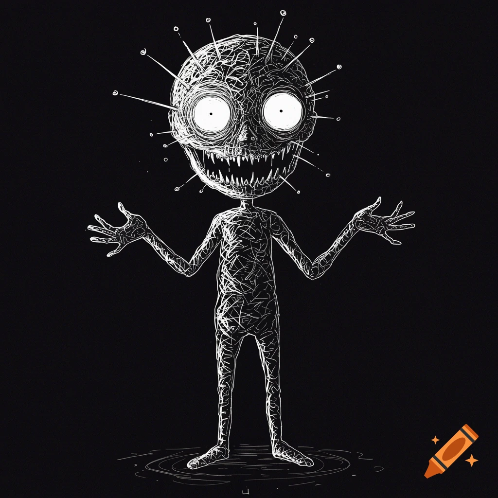 A black and white sketch of a creepy, skeletal monster with big eyes and sharp teeth, arms outstretched.