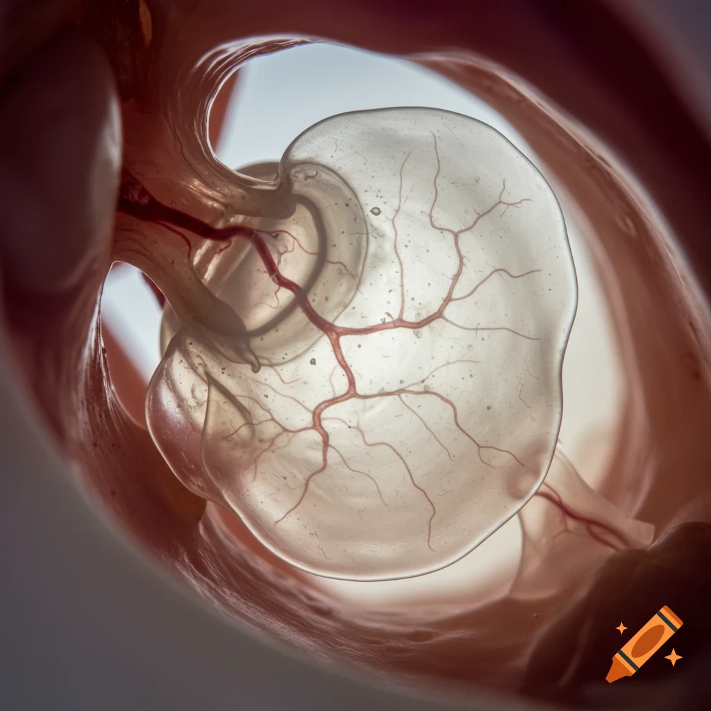 Photorealistic close-up of a healthy ear tympanic membrane showing intricate red veins.