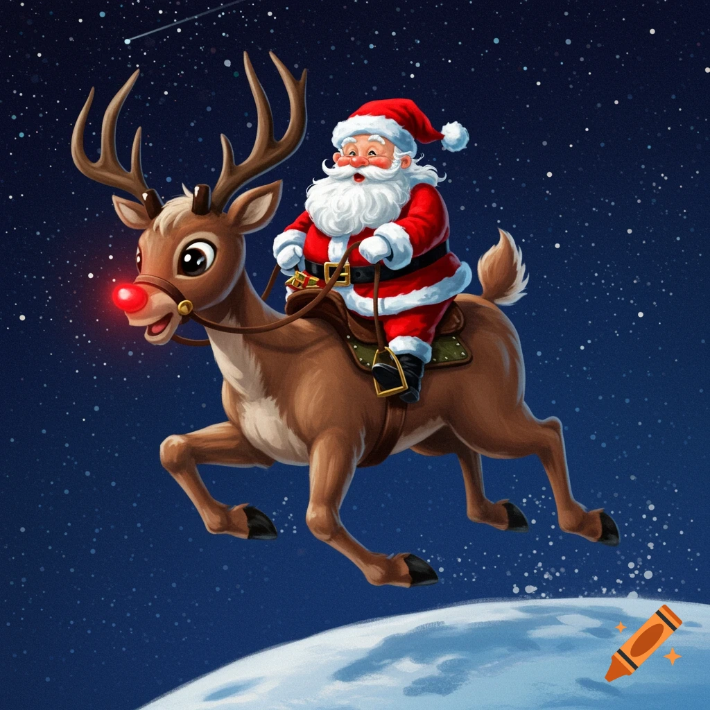 Santa Claus rides Rudolph the reindeer through a starry night sky
