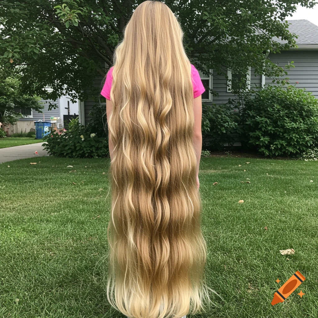 Person viewed from behind with extremely long wavy blonde hair standing in a yard.