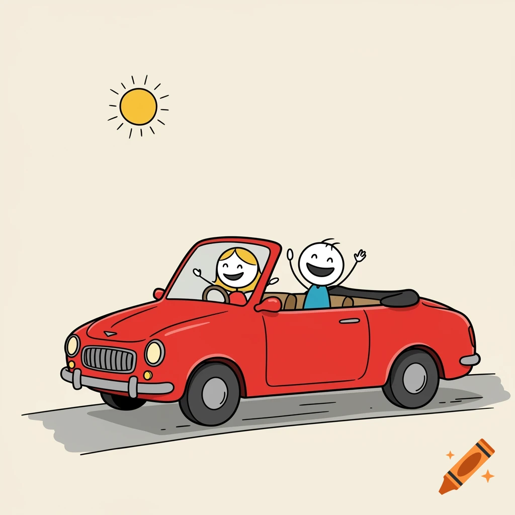 Cartoon of stick figures in a red convertible car driving under the sun.
