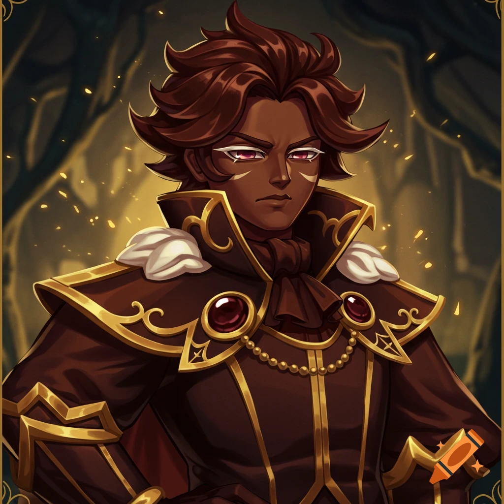 Stylized portrait of a character with dark skin and brown hair in a detailed brown and gold fantasy outfit.