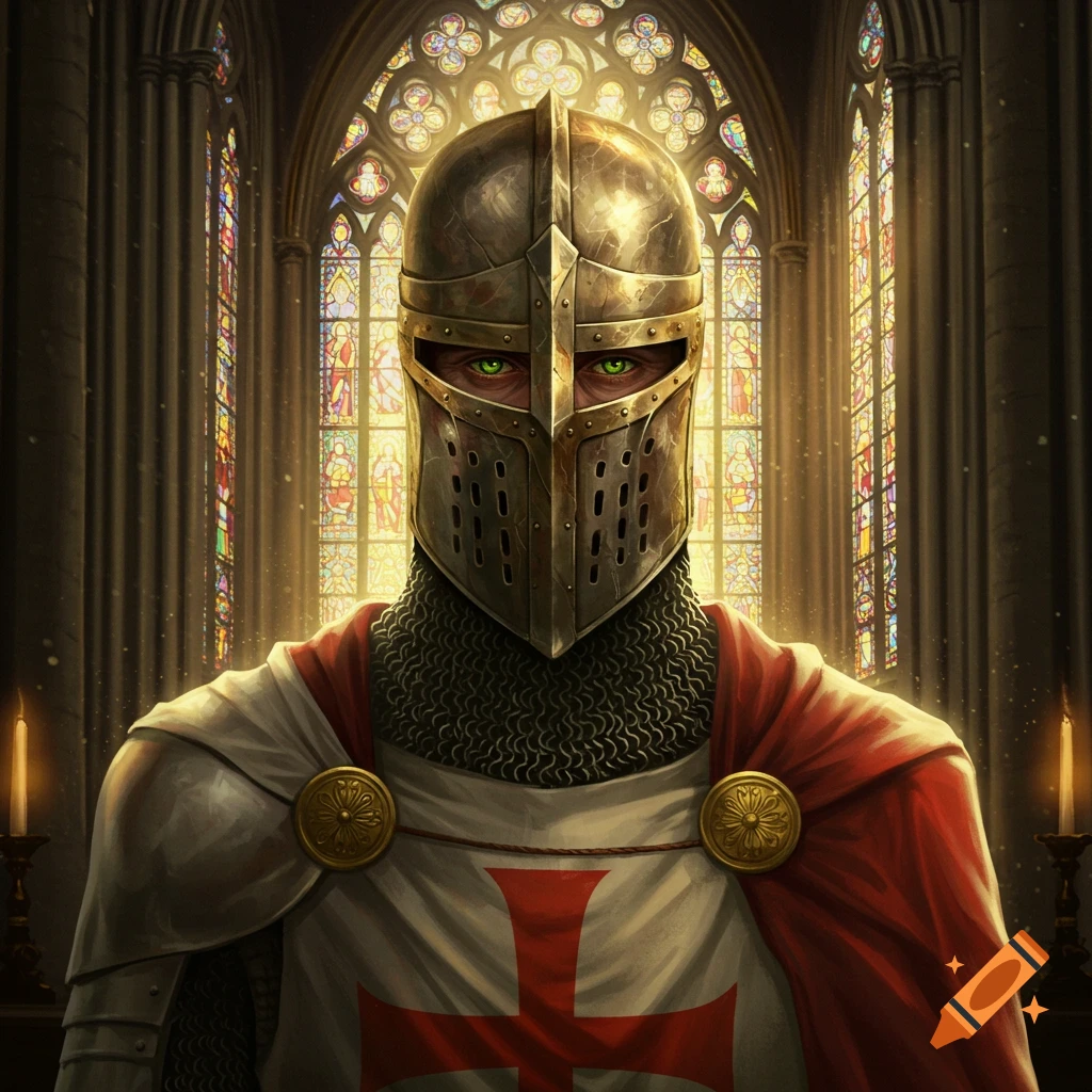 A crusader knight in a helmet with green eyes is inside a church with stained glass windows.