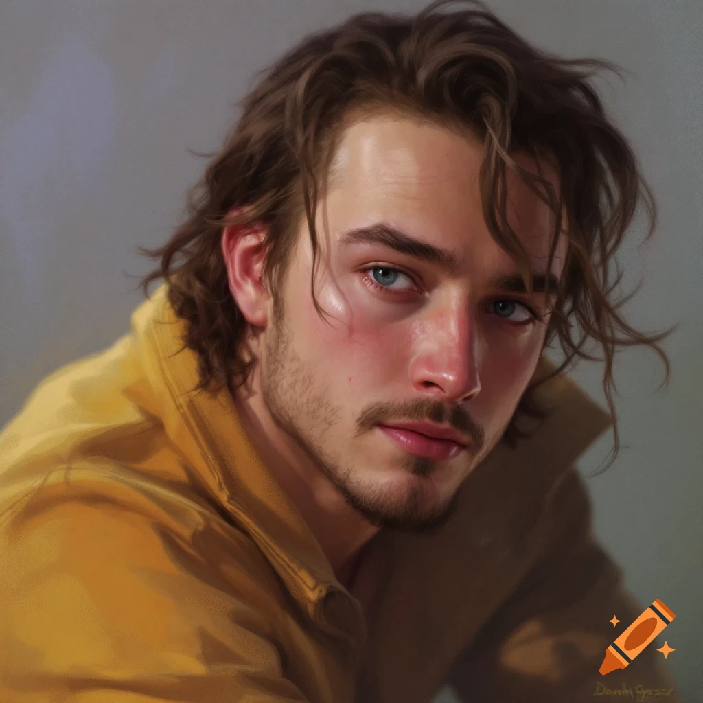 A man with blue eyes wearing a yellow jacket