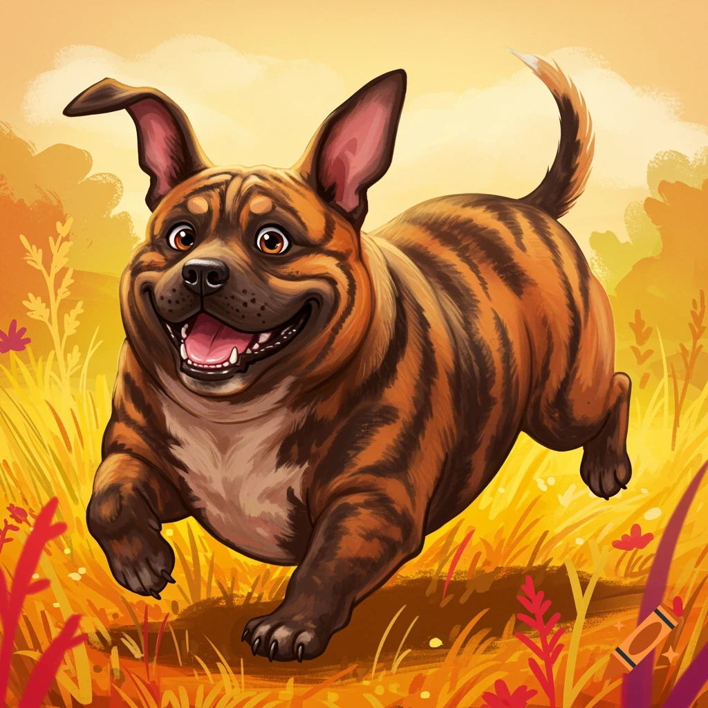 A cartoonish brindle dog with floppy ears runs happily through an autumnal meadow, digital illustration style.