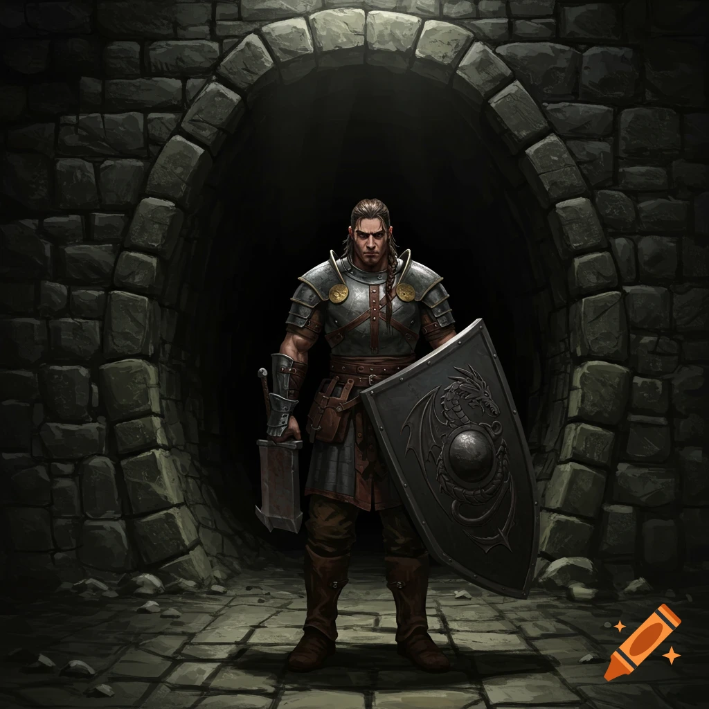 A warrior in armor stands in a dark dungeon entrance holding a large shield and sword.