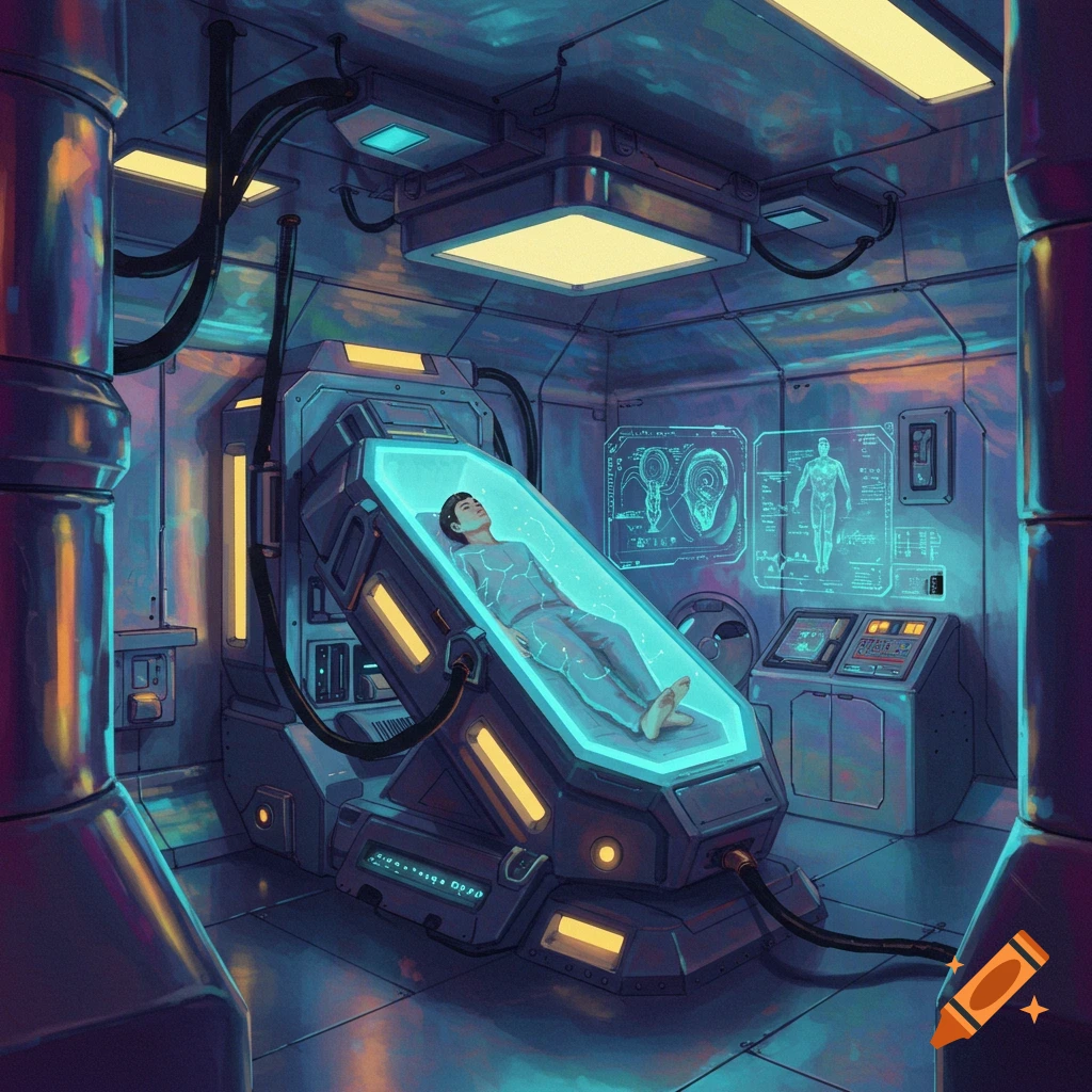 A person inside a futuristic hyperbaric or medical chamber with glowing screens and intricate machinery.