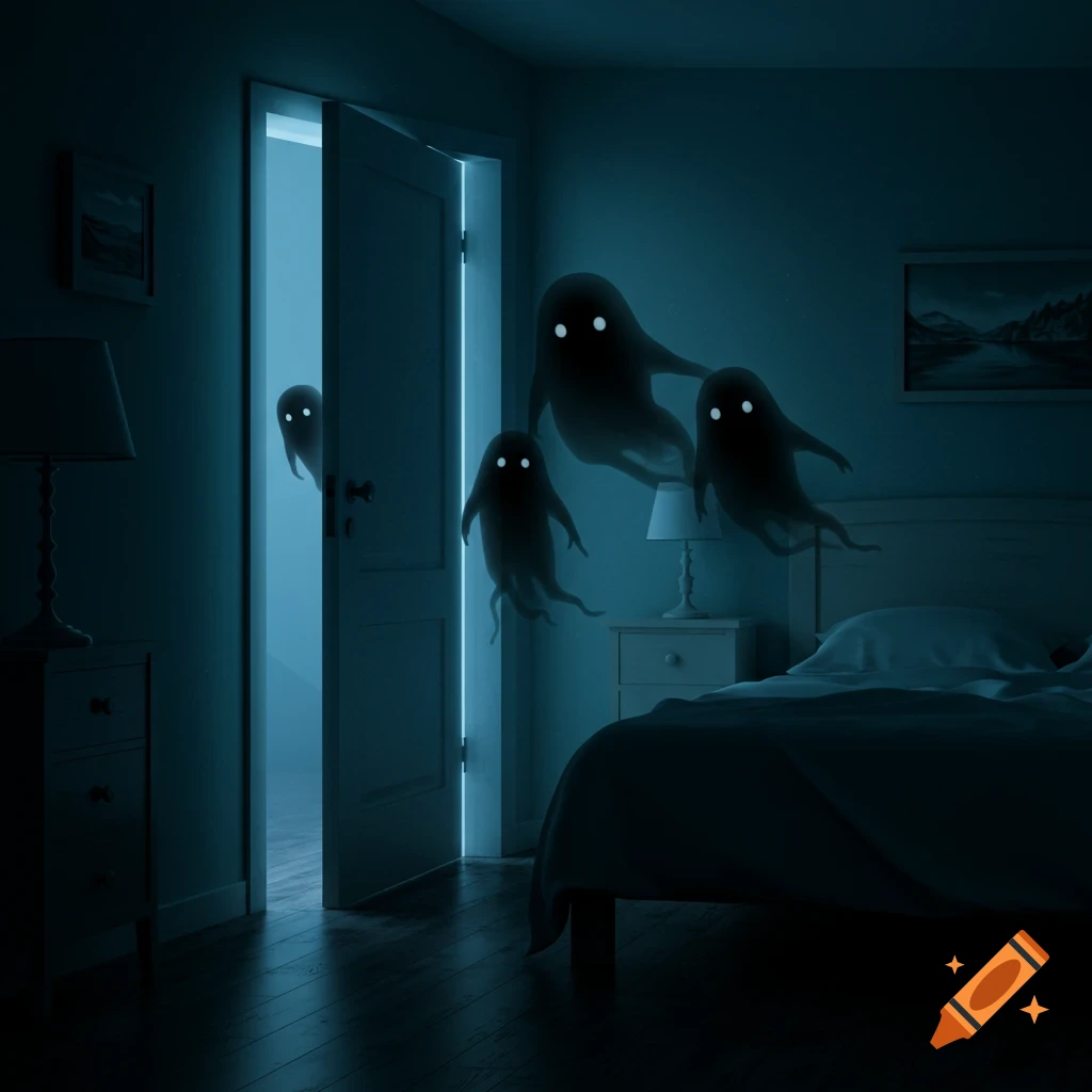Four dark, ghostly figures with glowing eyes float into a dim bedroom through an open door at night.
