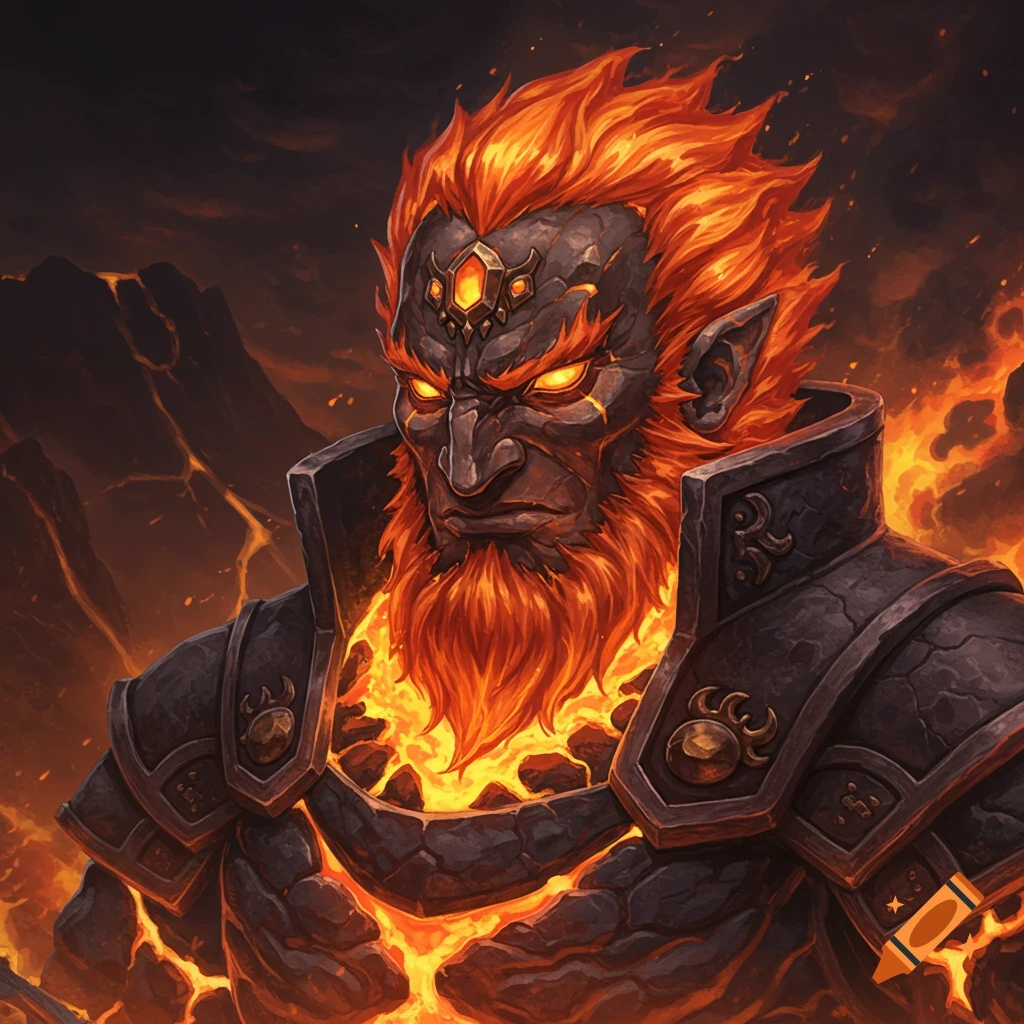Powerful character made of lava with fiery hair and beard, wearing dark armor against a volcanic background.