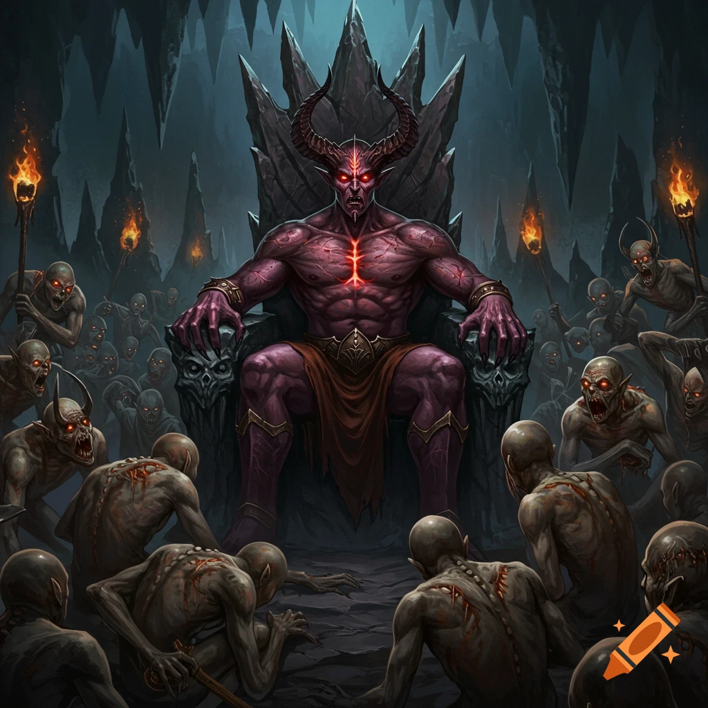 A demon king sits on a throne surrounded by an army of pale, red-eyed minions in a dark cave.