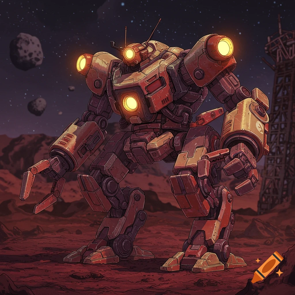 Anime style illustration of a mining robot standing on a red planet under a starry sky with asteroids.
