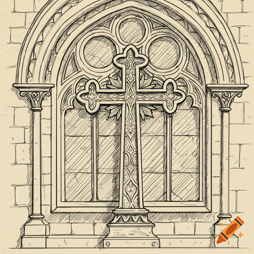 Sketch of a decorative cross centered before a gothic architectural window.