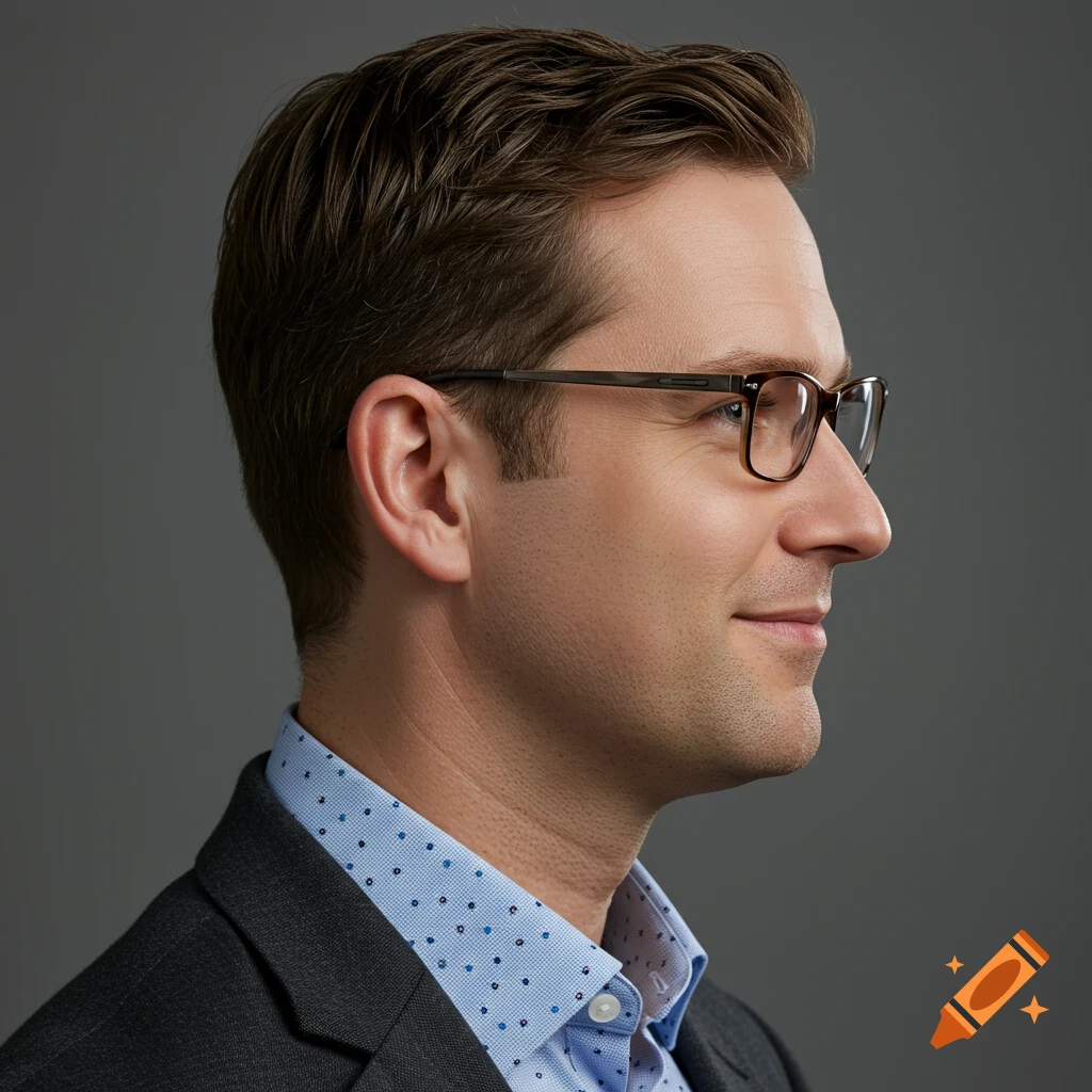 Side profile photorealistic portrait of a white man in glasses wearing a suit jacket and collared shirt.