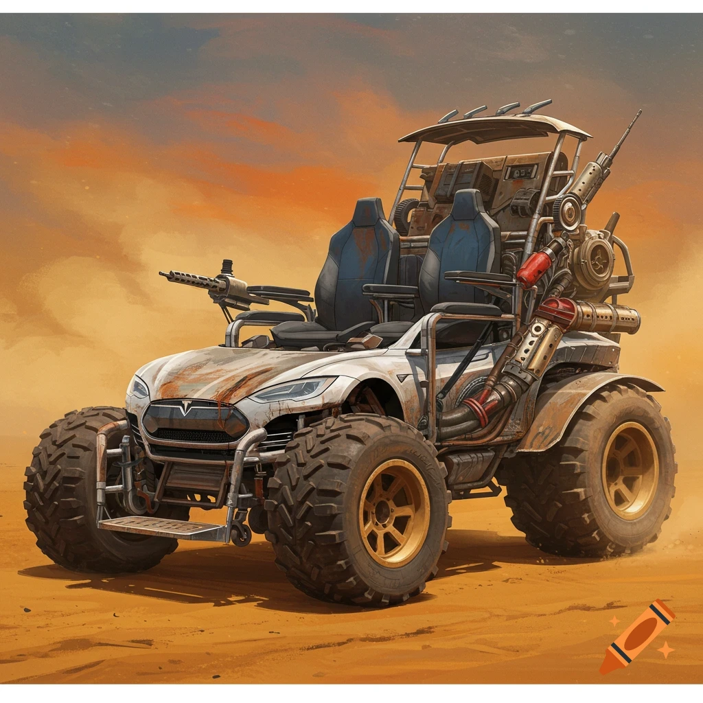 A heavily modified, rustic vehicle with large tires and weapons, resembling a buggy or wheelchair, sits in a desert landscape.