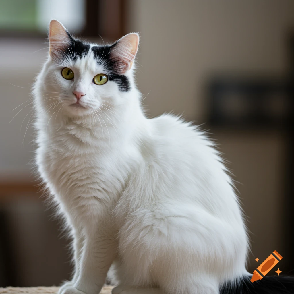 A white cat with black markings on its head and tail sits and looks forward, with yellow eyes. Photorealistic style.