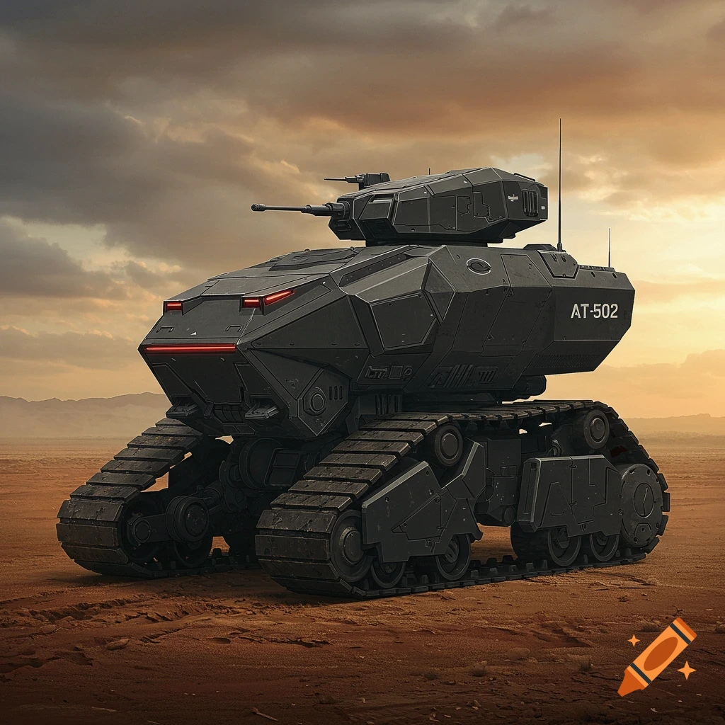 A futuristic black armored vehicle stands in a desert under a dramatic sky.