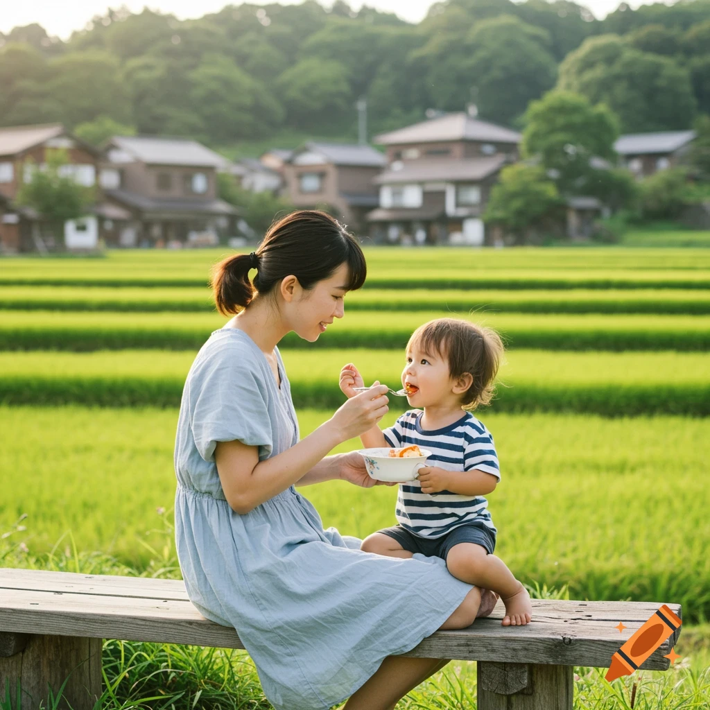 A mother feeds her child on a bench in a rural Japanese village with rice paddies.