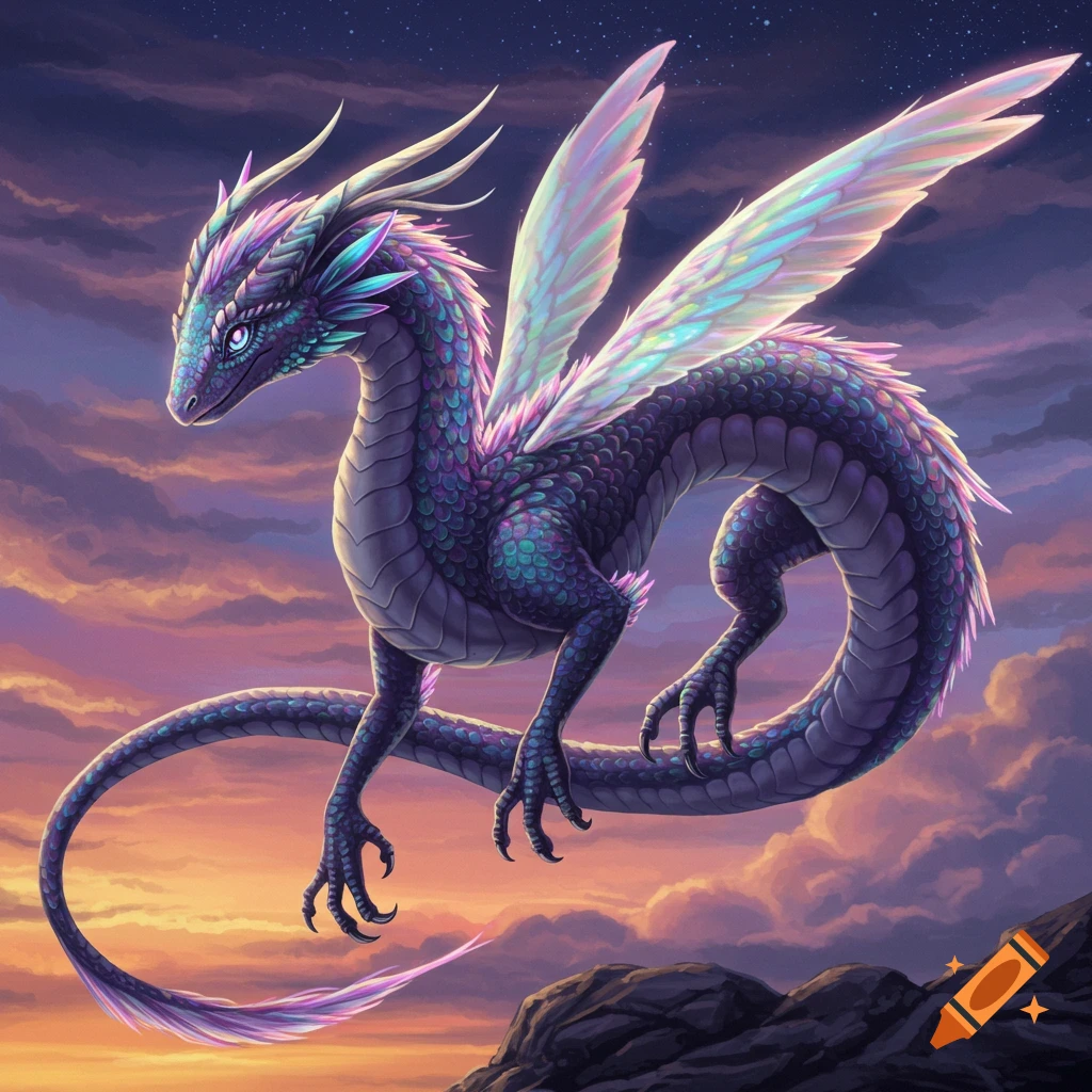 A fantasy dragon with iridescent wings against a sunset sky.
