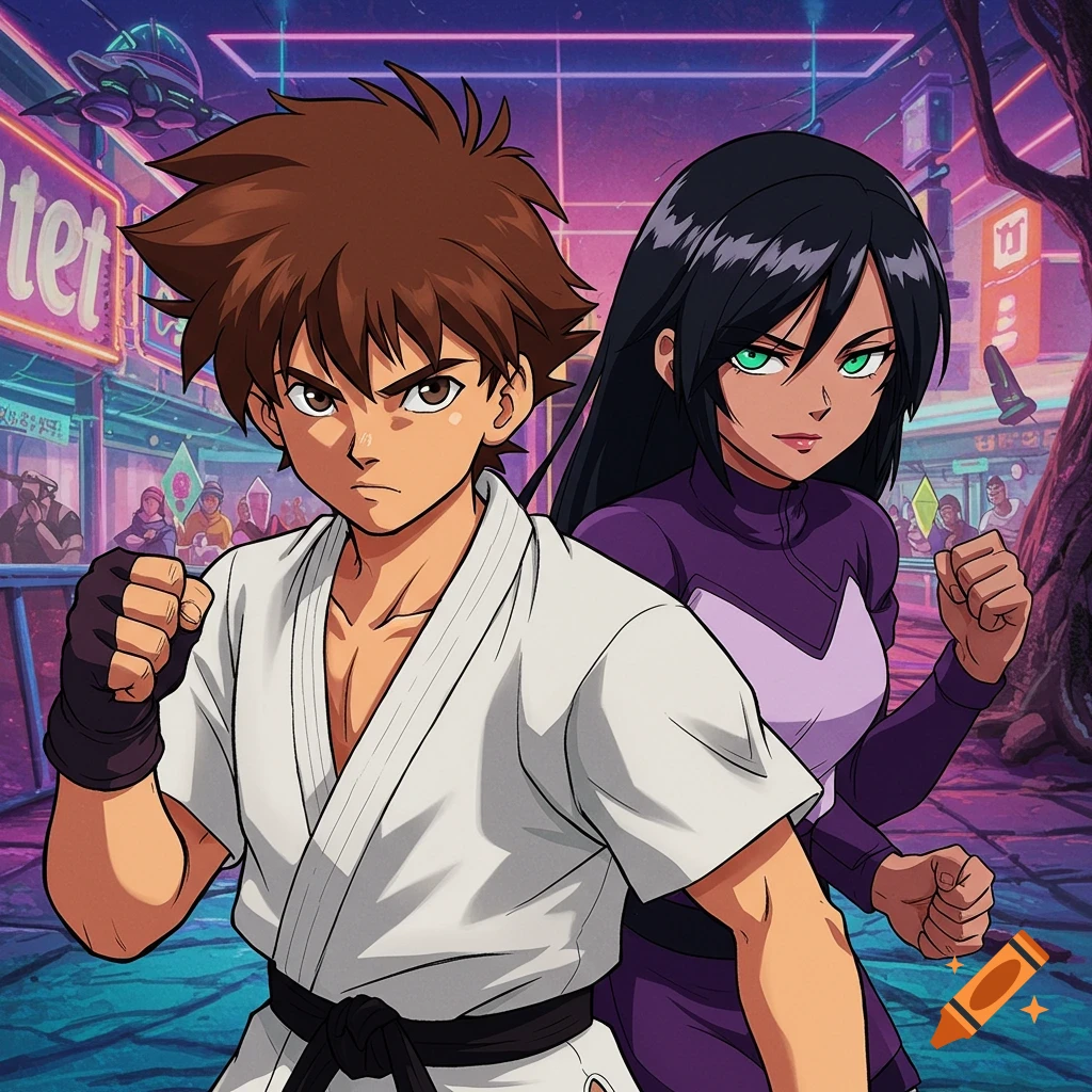 Two anime characters, a male in a gi and female in purple, pose in a futuristic city street.