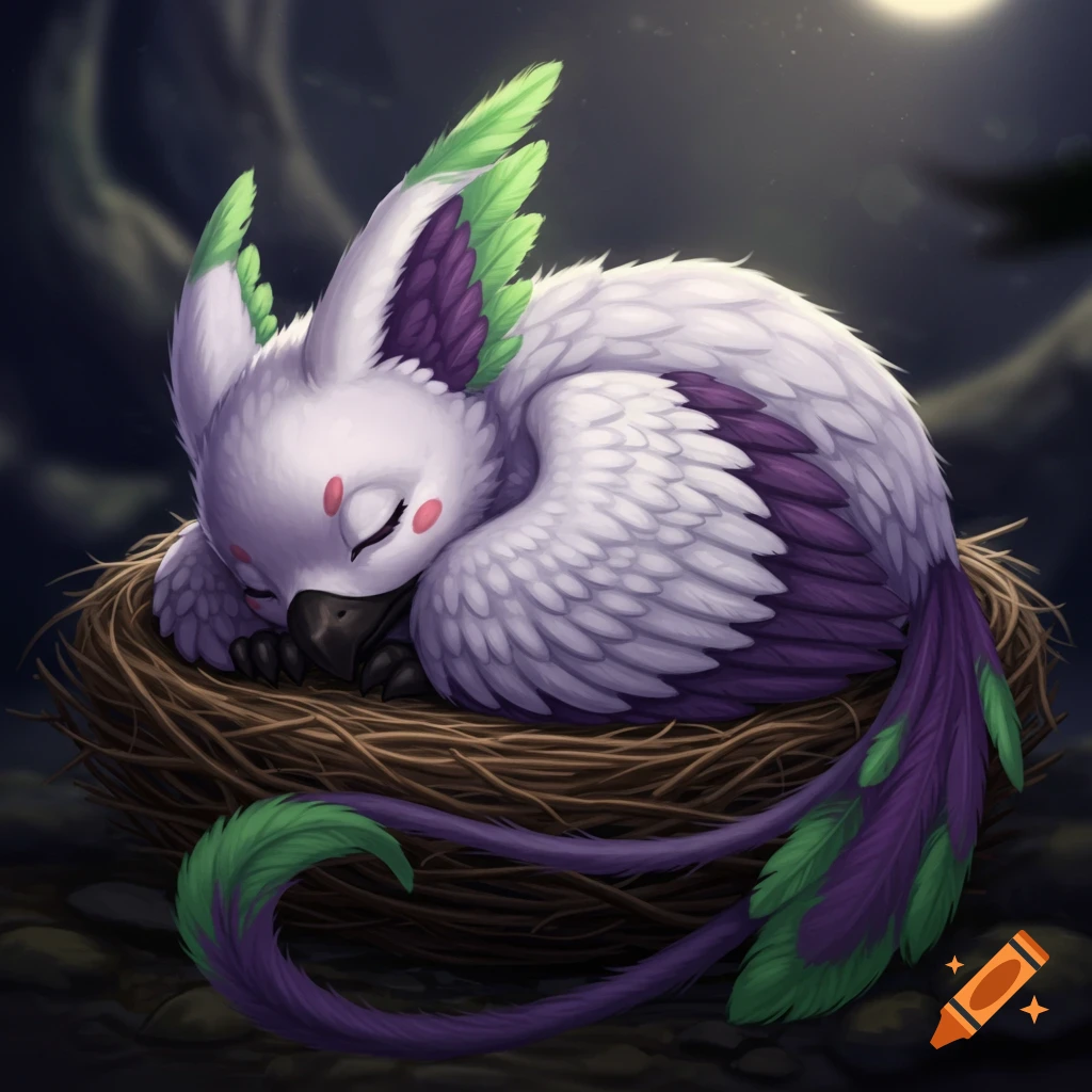 A cute fantasy creature with white, purple, and green feathers sleeps in a nest under moonlight.