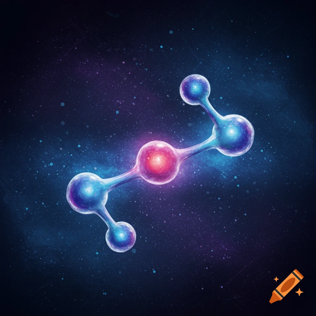 A stylized molecule with glowing nodes in a dark space background.