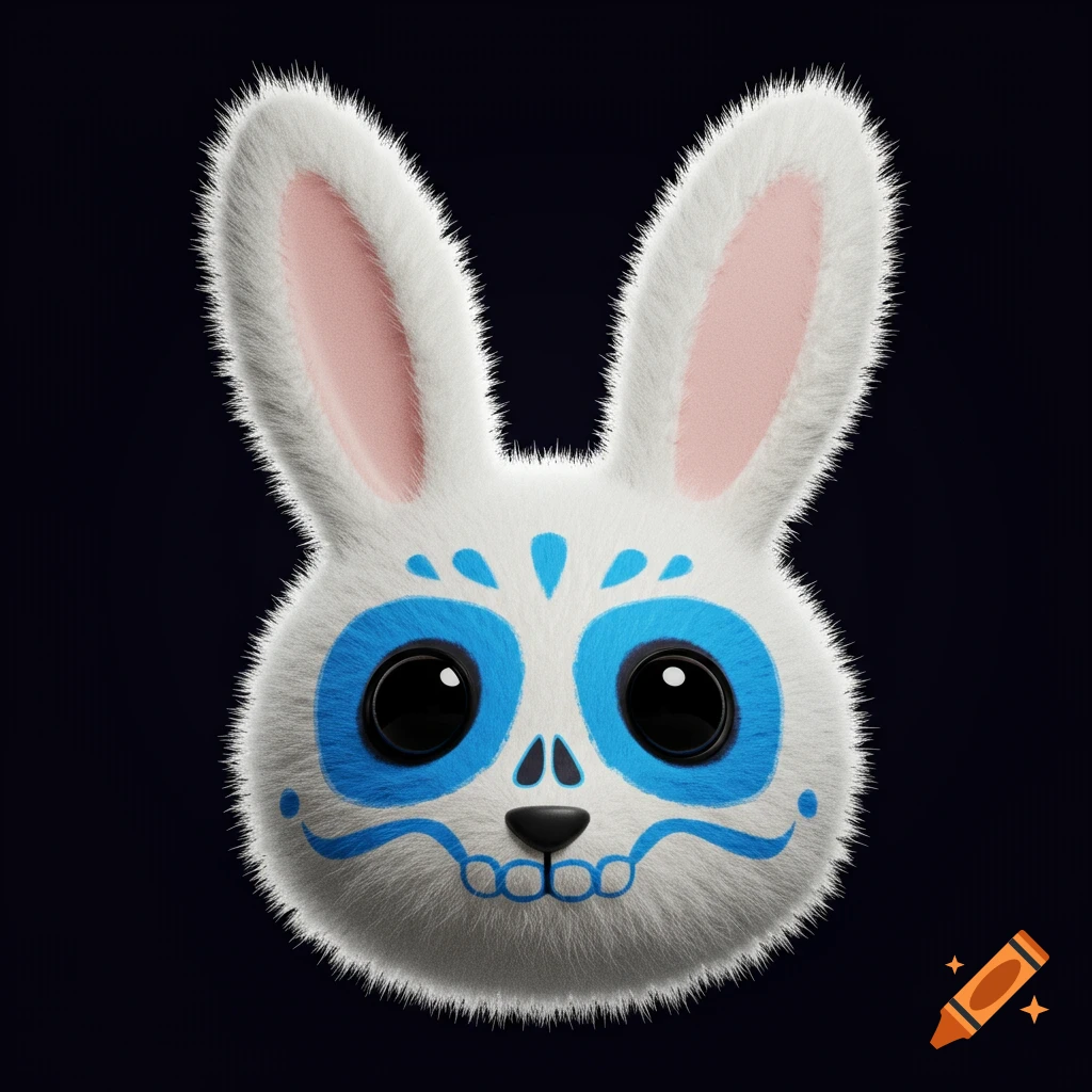 A fluffy white cartoon bunny head with blue sugar skull face paint.
