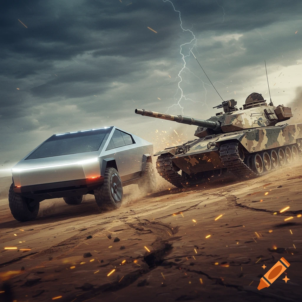 A Tesla Cybertruck and a military tank facing off in a stormy desert wasteland with lightning.