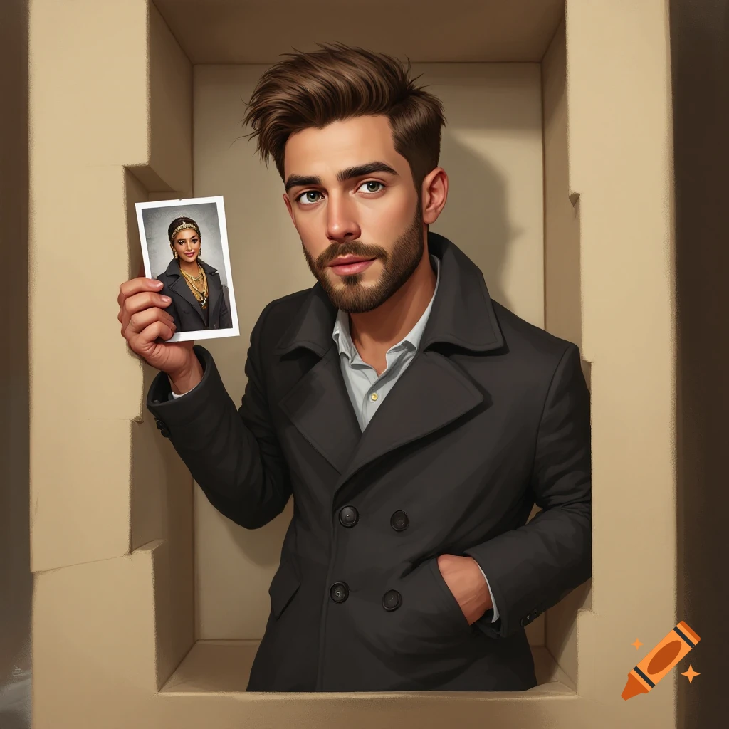 A man in a sportscoat in a box is holding a photo.