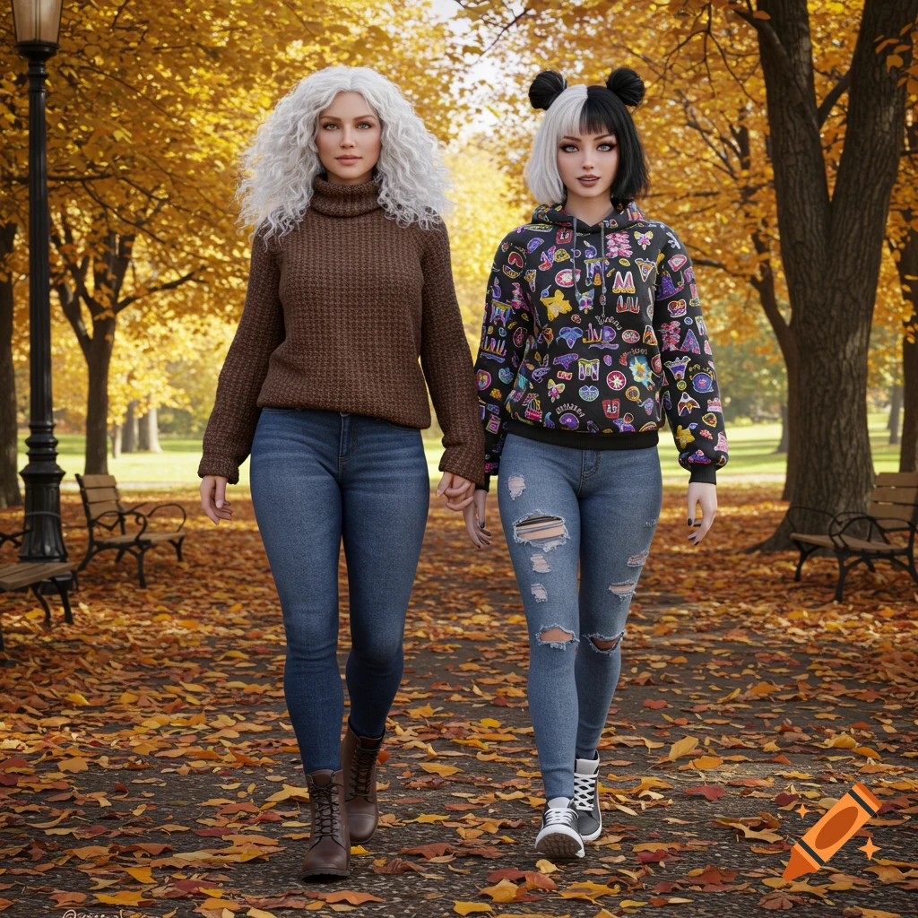 Two women walk hand-in-hand through an autumn park. One has white hair and wears a brown sweater, the other has black and white hair and a colorful hoodie.