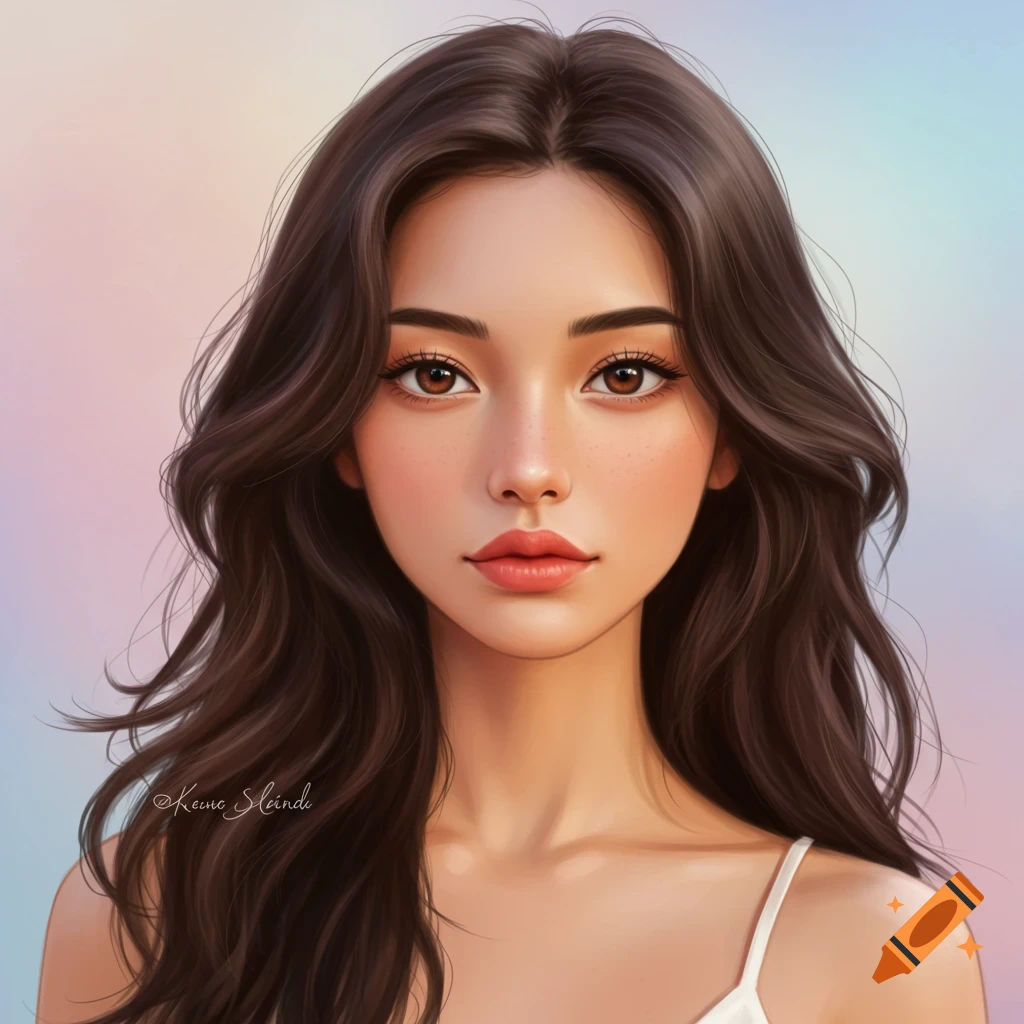 A young woman with long brown hair and brown eyes, smiling slightly against a soft pastel background.