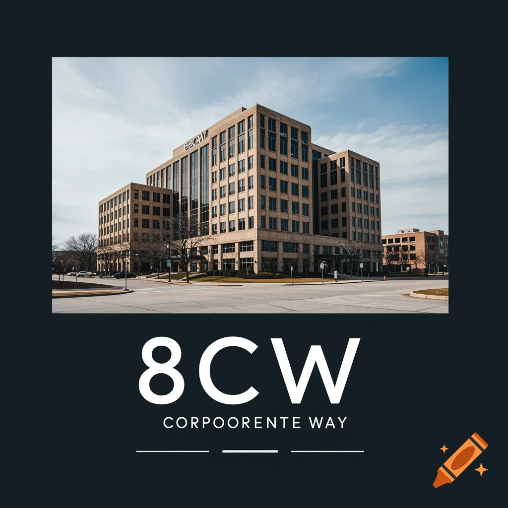 A photo of a large modern office building with the text "8CW" and "CORPOORENTE WAY" below it on a dark background.