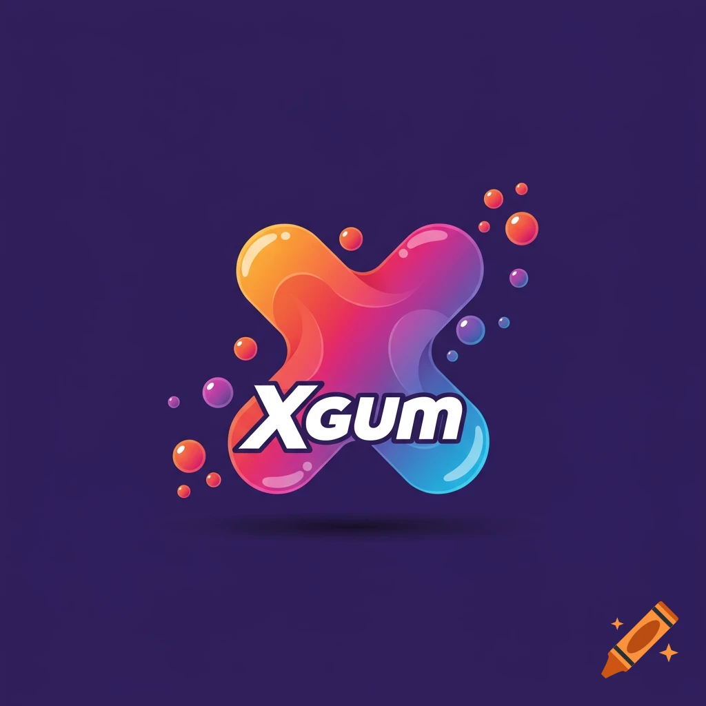 Colorful, energetic logo for XGum gum featuring abstract shapes and bubbles.