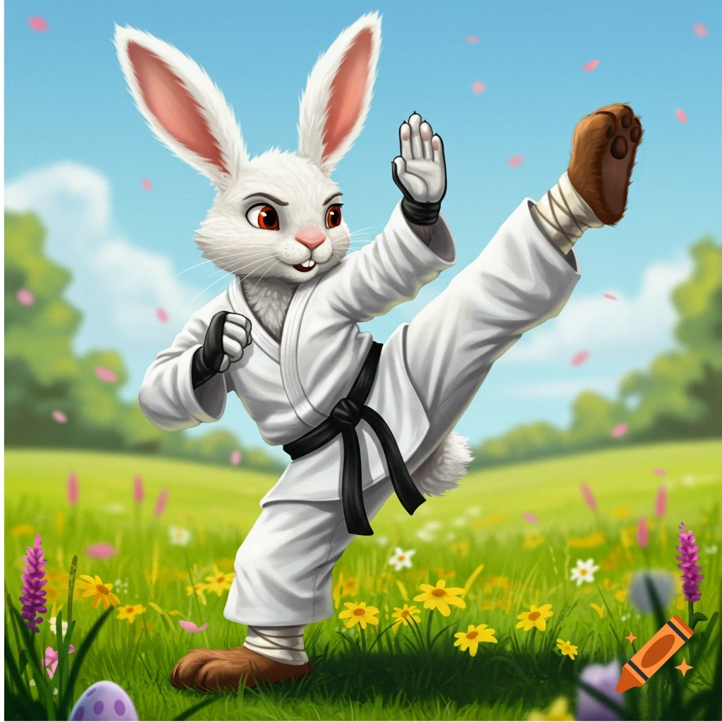 A white Easter bunny in a karate gi does a high kick in a field of flowers with Easter eggs.