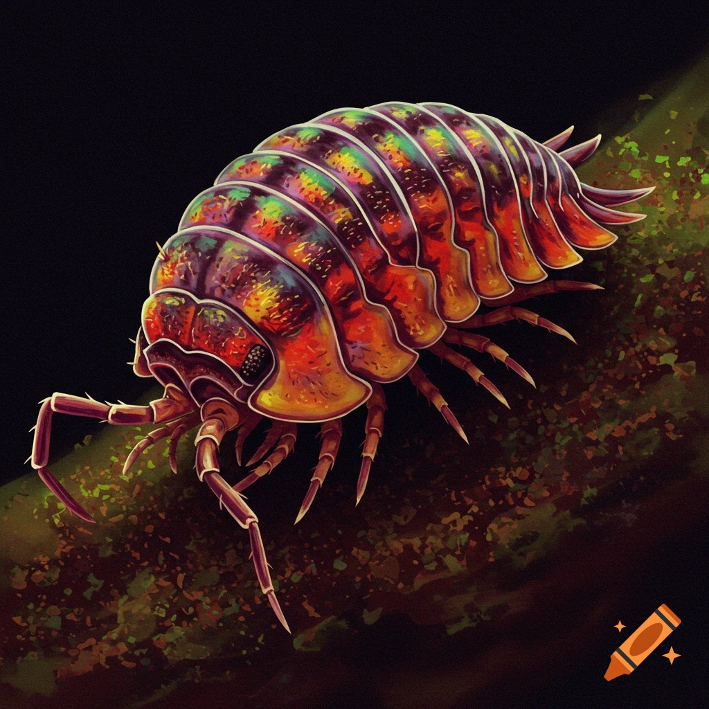A vibrant image of a colorful isopod on a dark, textured surface.