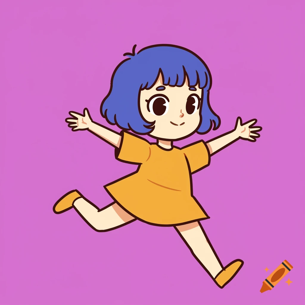A simple cartoon drawing of a girl with blue hair and an orange dress running with arms outstretched.