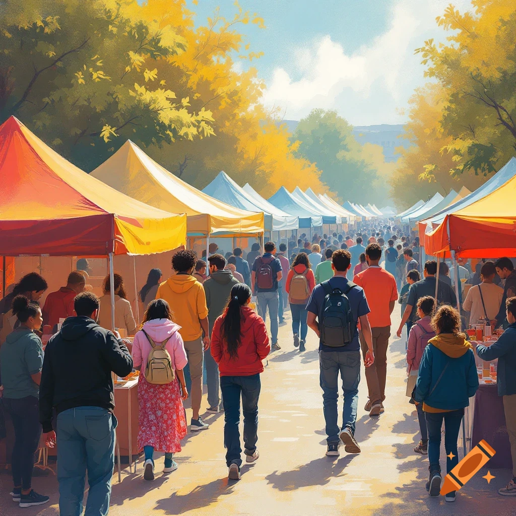 A bustling outdoor market is filled with vibrant tents and people strolling about.