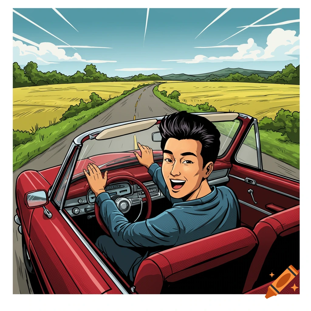 Illustration of a man driving a red convertible through a rural landscape.