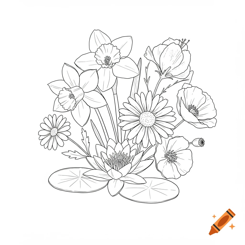 Black and white line drawing of a flower bouquet with daffodils, daisies, waterlilies, and poppies.