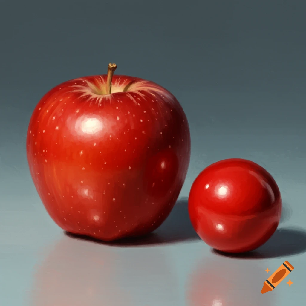 A red apple next to a smaller red ball on a grey surface.