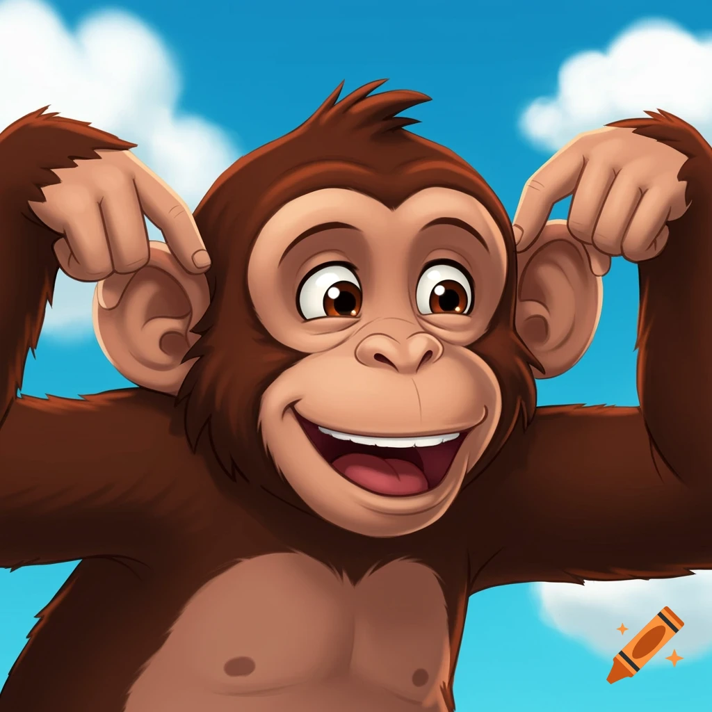 Cartoon chimpanzee sticking fingers in its ears under a blue sky with clouds.
