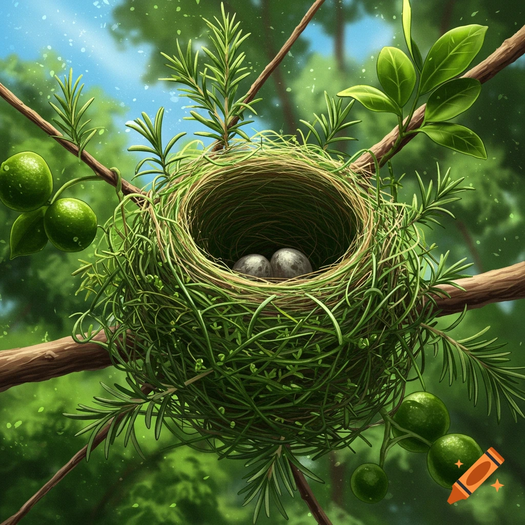 A bird's nest with two eggs sits in a tree.