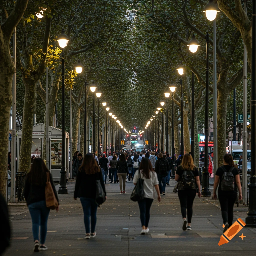 A crowded tree-lined boulevard at dusk with many lampposts, people walking away from the camera.